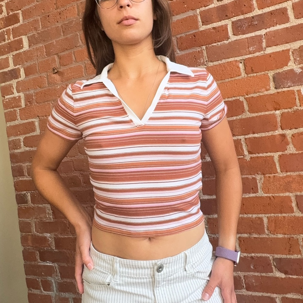 Hollister Striped V Neck Collared Polo Crop Top